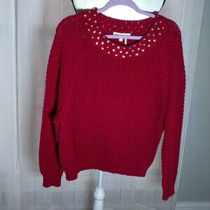 DKNY JEANS Sweater Knit Cropped Red w/Crystal Embellished Collar NWT XL